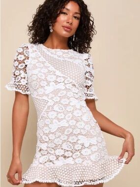 LULUS NWT My Dearest White Lace Short Sleeve Mini Dress